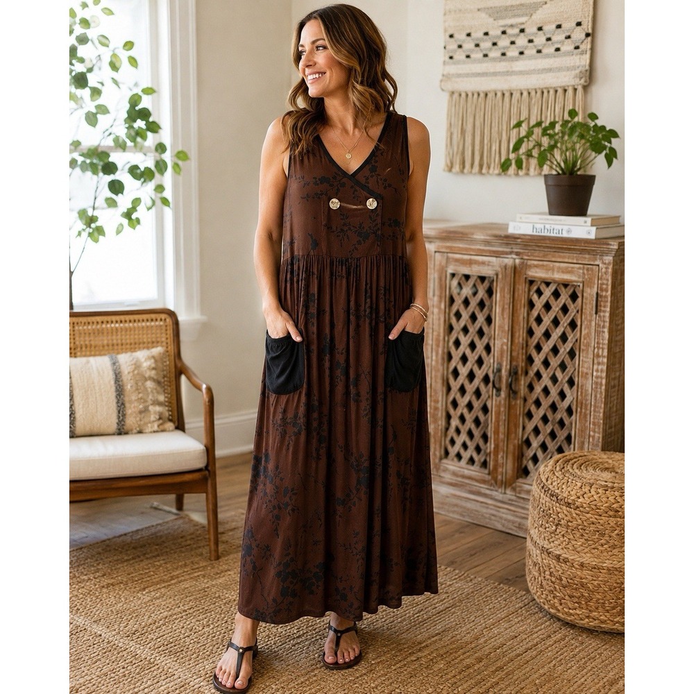 Sweet Womens Large Maxi Dress Brown Black Floral Sleeveless Pockets Boho M-399